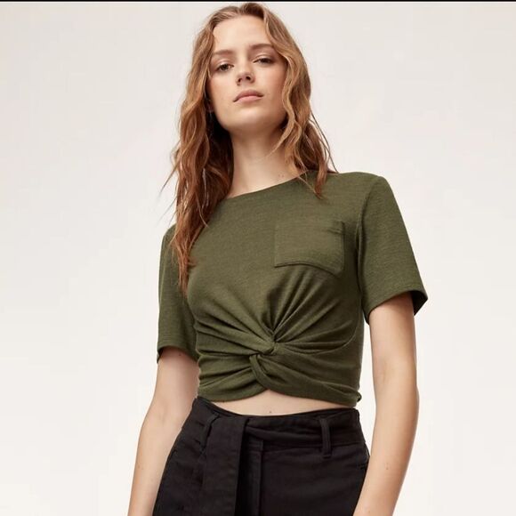 Wilfred Free green Subah T-shirt front-knot short sleeve crop tee - Picture 2 of 14